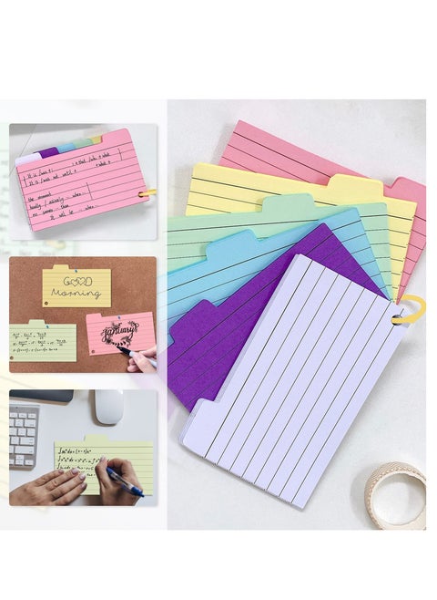 Tabbed Index Cards, 300PCS Colourful Flash Cards with 8 Binder Rings, Ruled Revision Cards Spiral Flashcards,Lined with HeadlineRecord Cards for Learning Note Taking to Do List