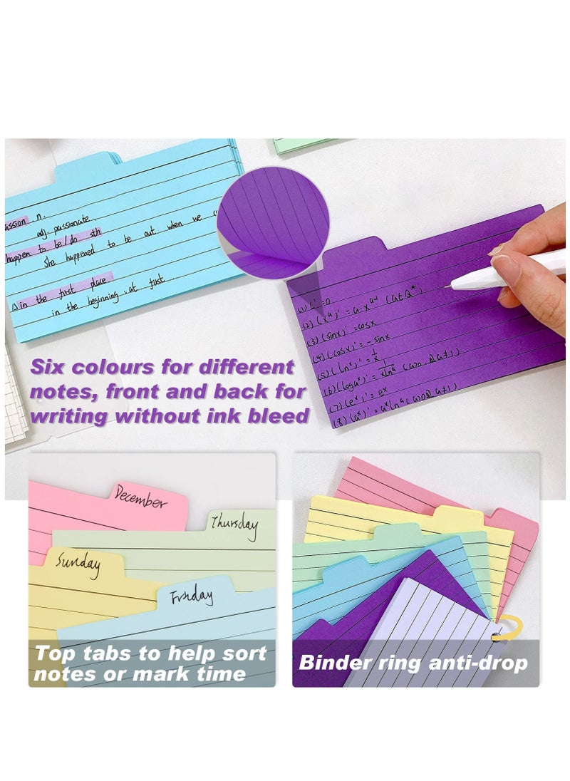 Tabbed Index Cards, 300PCS Colourful Flash Cards with 8 Binder Rings, Ruled Revision Cards Spiral Flashcards,Lined with HeadlineRecord Cards for Learning Note Taking to Do List