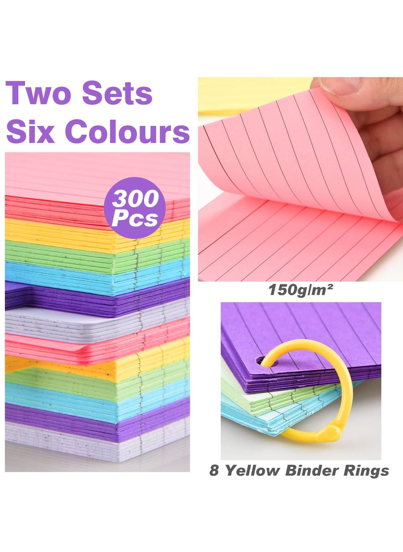 Tabbed Index Cards, 300PCS Colourful Flash Cards with 8 Binder Rings, Ruled Revision Cards Spiral Flashcards,Lined with HeadlineRecord Cards for Learning Note Taking to Do List