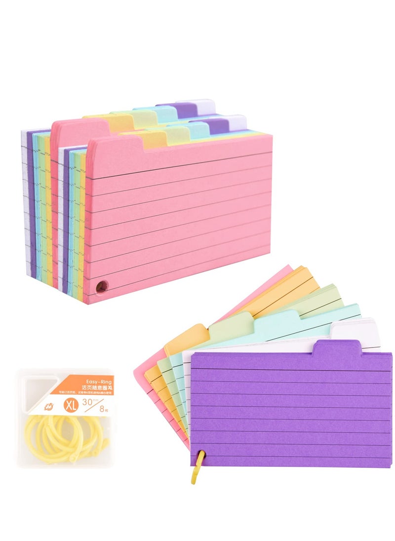 Tabbed Index Cards, 300PCS Colourful Flash Cards with 8 Binder Rings, Ruled Revision Cards Spiral Flashcards,Lined with HeadlineRecord Cards for Learning Note Taking to Do List