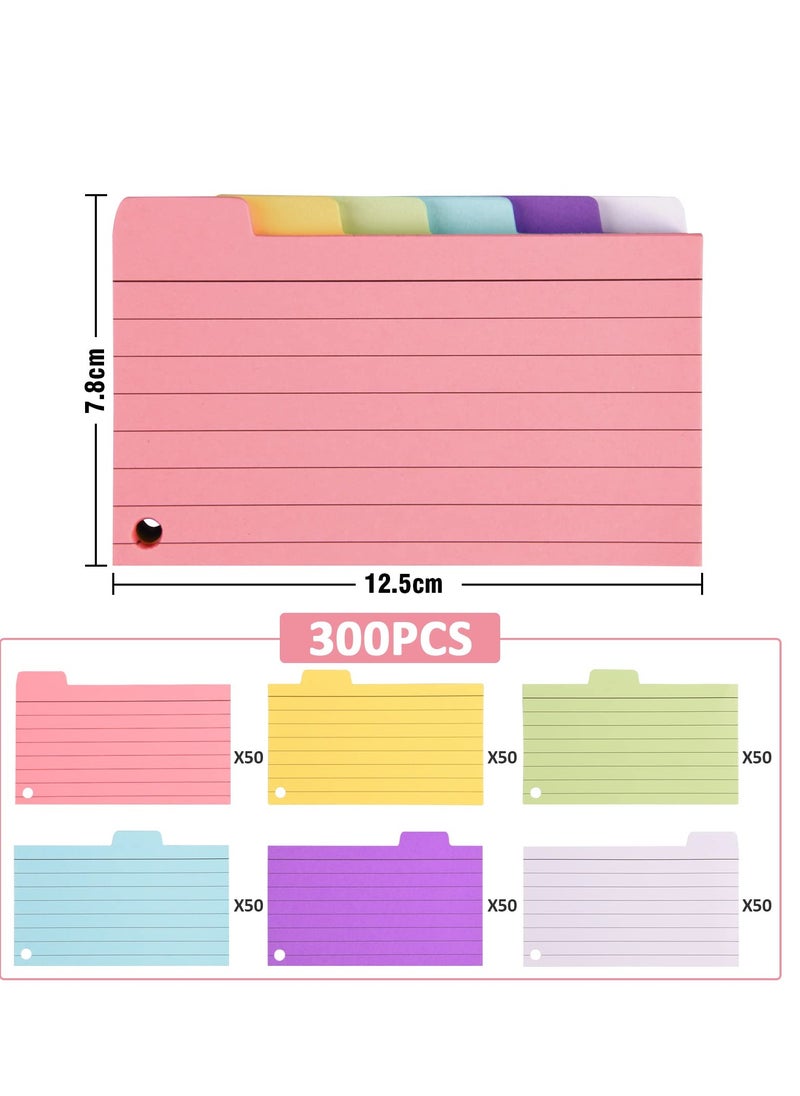 Tabbed Index Cards, 300PCS Colourful Flash Cards with 8 Binder Rings, Ruled Revision Cards Spiral Flashcards,Lined with HeadlineRecord Cards for Learning Note Taking to Do List
