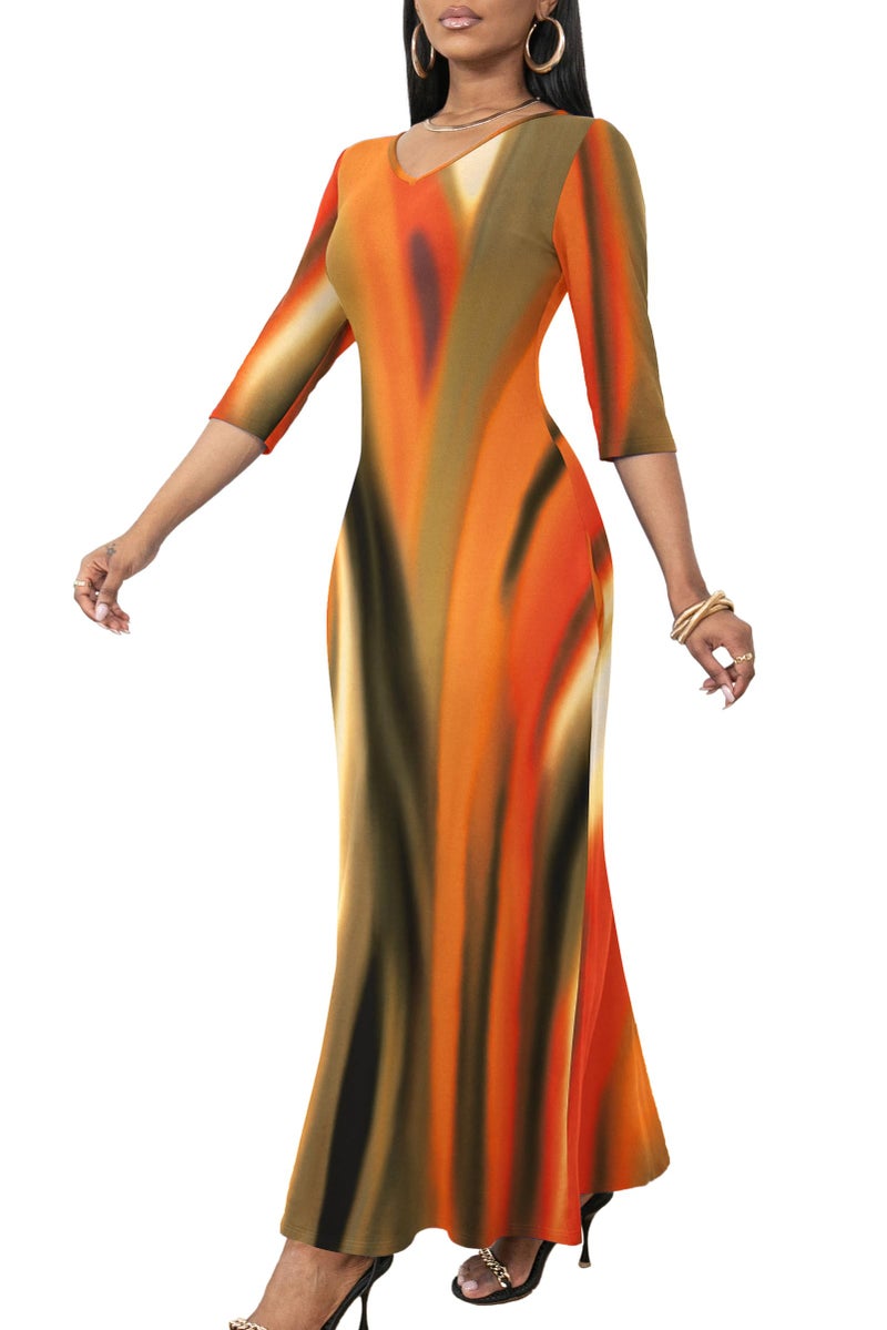 FANDEE Boho Maxi Dress Orange, Flattering Dresses for Curvy Women with Sleeves and Pockets, L - Image 1
