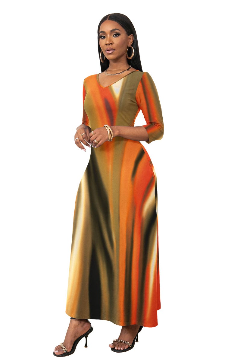 FANDEE Boho Maxi Dress Orange, Flattering Dresses for Curvy Women with Sleeves and Pockets, L - Image 4