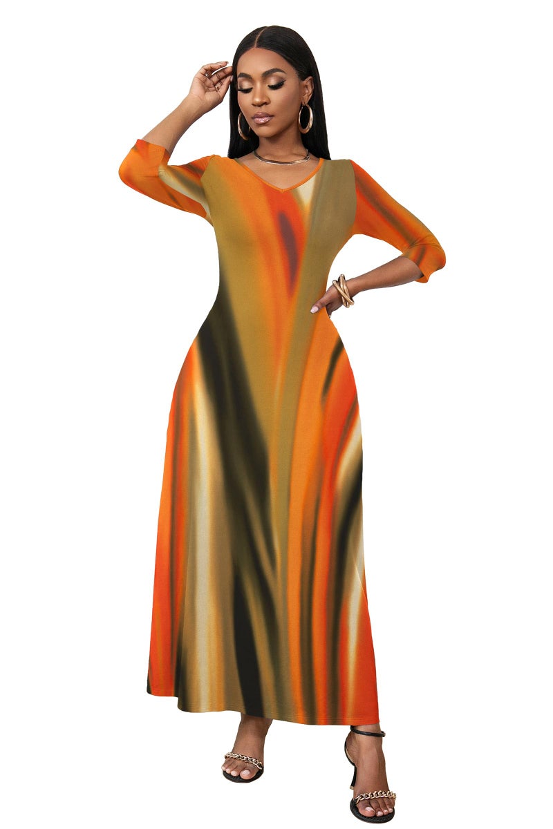 FANDEE Boho Maxi Dress Orange, Flattering Dresses for Curvy Women with Sleeves and Pockets, L - Image 2