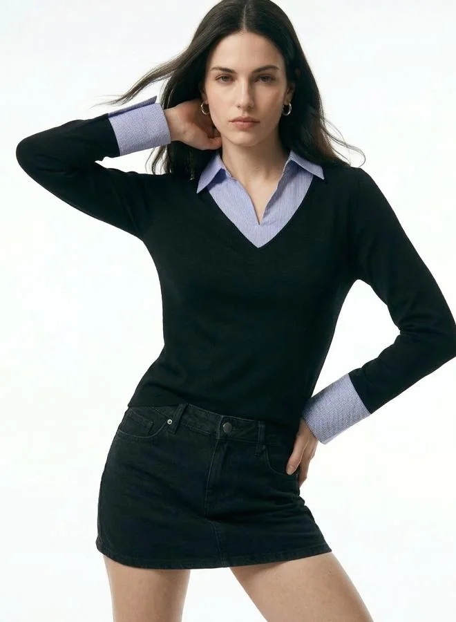 أوجيدر Black Long Sleeve Knit Top with Contrast Collar
