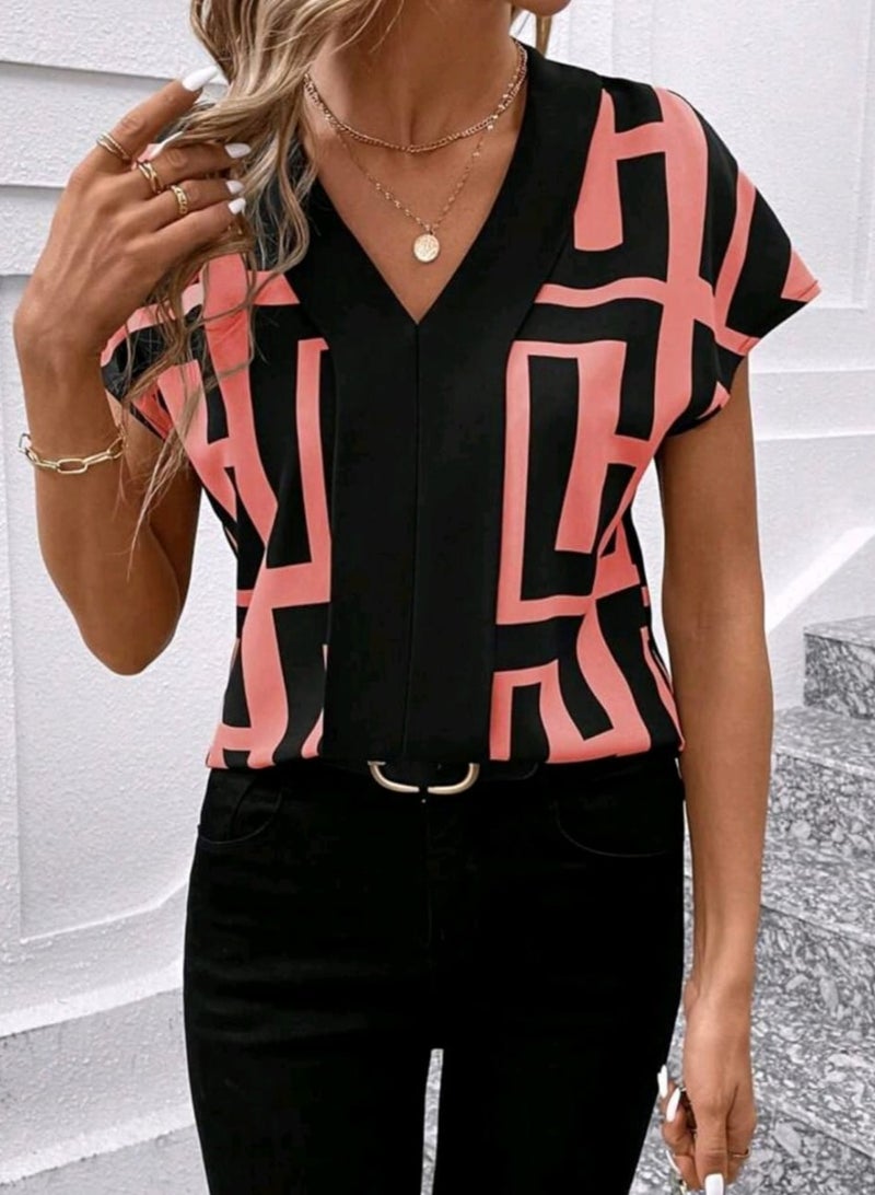 Shein SHEIN Clasi Women Geometric Print Batwing Short Sleeve Color Block Collar Loose Summer Shirt BLOUSE - Image 5