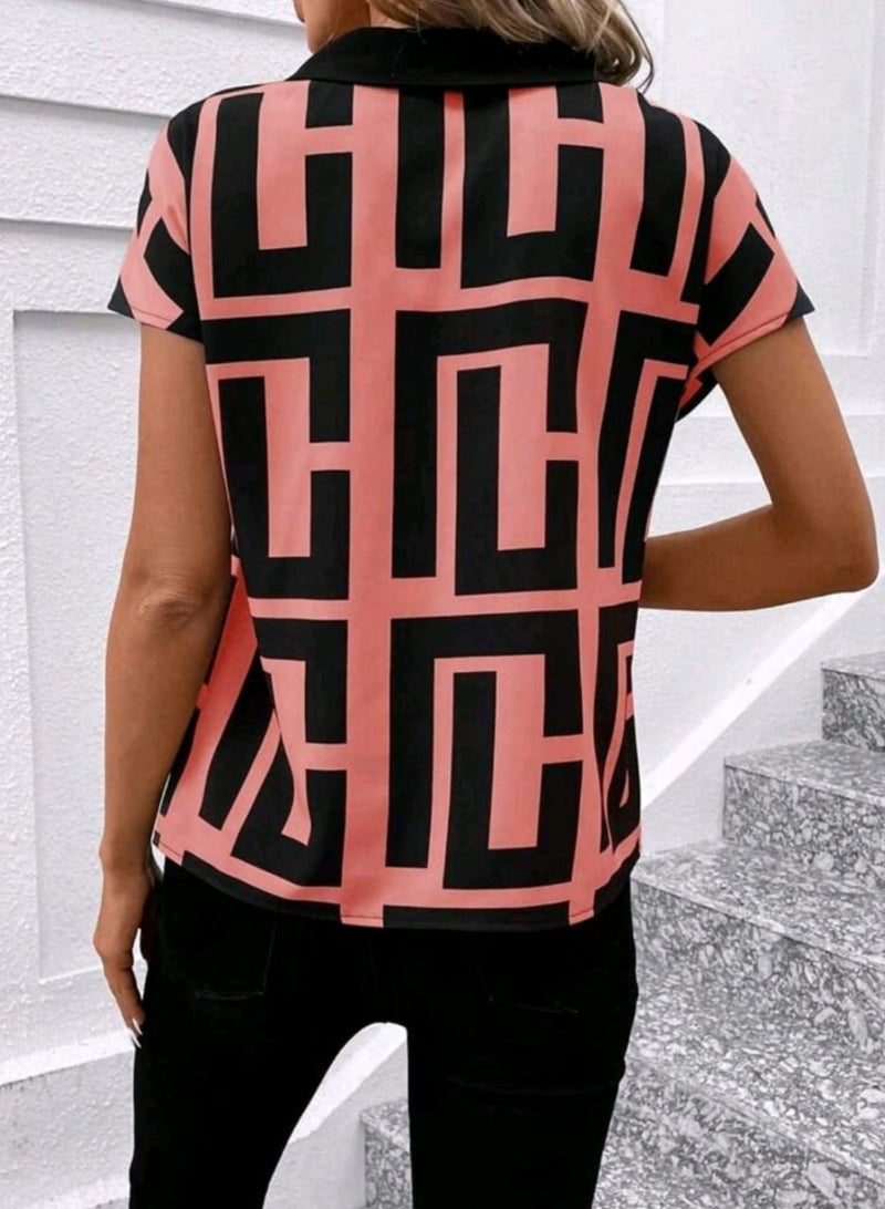 Shein SHEIN Clasi Women Geometric Print Batwing Short Sleeve Color Block Collar Loose Summer Shirt BLOUSE - Image 2