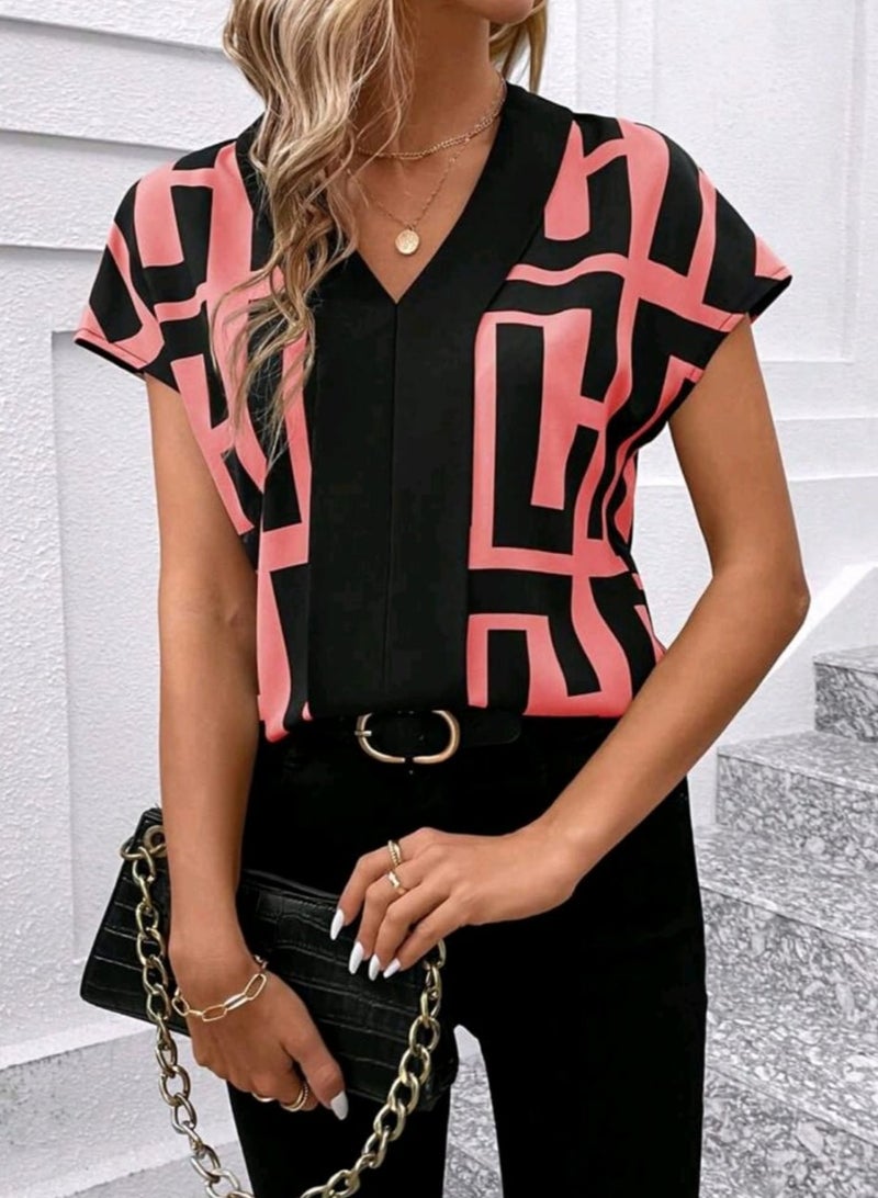 Shein SHEIN Clasi Women Geometric Print Batwing Short Sleeve Color Block Collar Loose Summer Shirt BLOUSE - Image 4