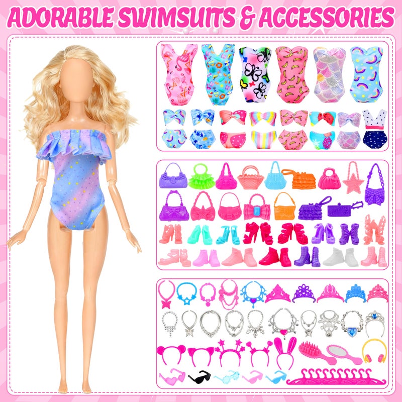 Bymore 85 Pcs Doll Clothes and Accessories Kit, Include Princess Gowns, Fashion Skirts, Evening Dresseses, Tops, Pants, Bikini Swimsuits, Shoes, Crowns, Necklaces, Glasses in Gift Box for 11"-12" Dolls - Image 4
