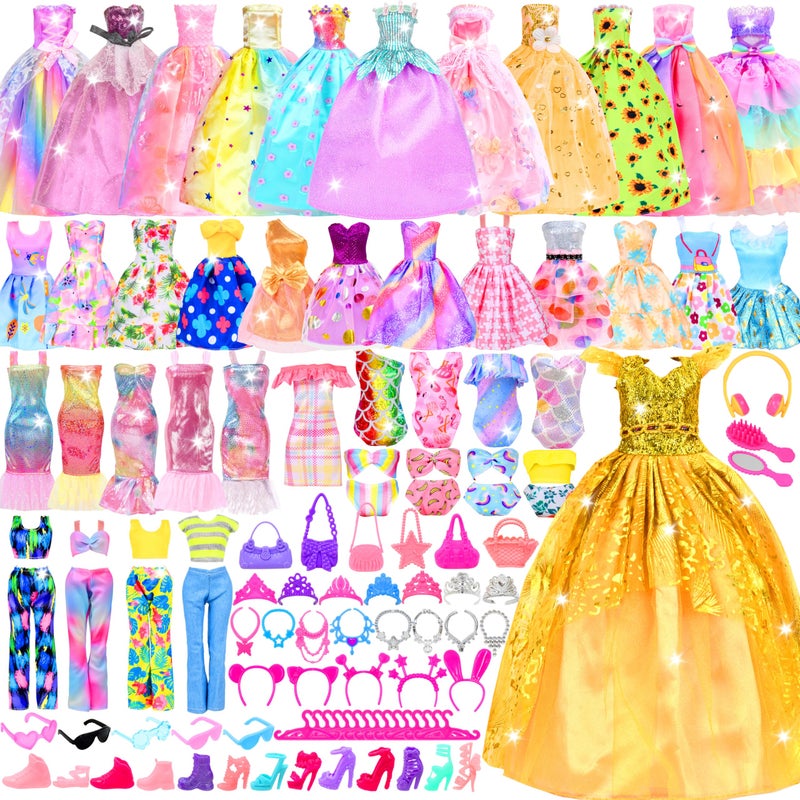 Bymore 85 Pcs Doll Clothes and Accessories Kit, Include Princess Gowns, Fashion Skirts, Evening Dresseses, Tops, Pants, Bikini Swimsuits, Shoes, Crowns, Necklaces, Glasses in Gift Box for 11"-12" Dolls - Image 1