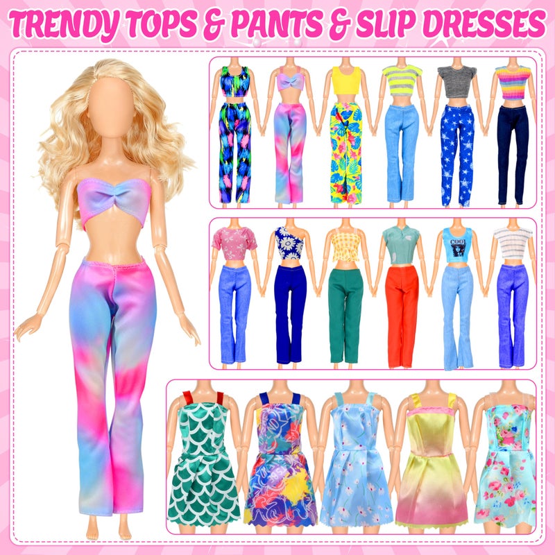 Bymore 85 Pcs Doll Clothes and Accessories Kit, Include Princess Gowns, Fashion Skirts, Evening Dresseses, Tops, Pants, Bikini Swimsuits, Shoes, Crowns, Necklaces, Glasses in Gift Box for 11"-12" Dolls - Image 3