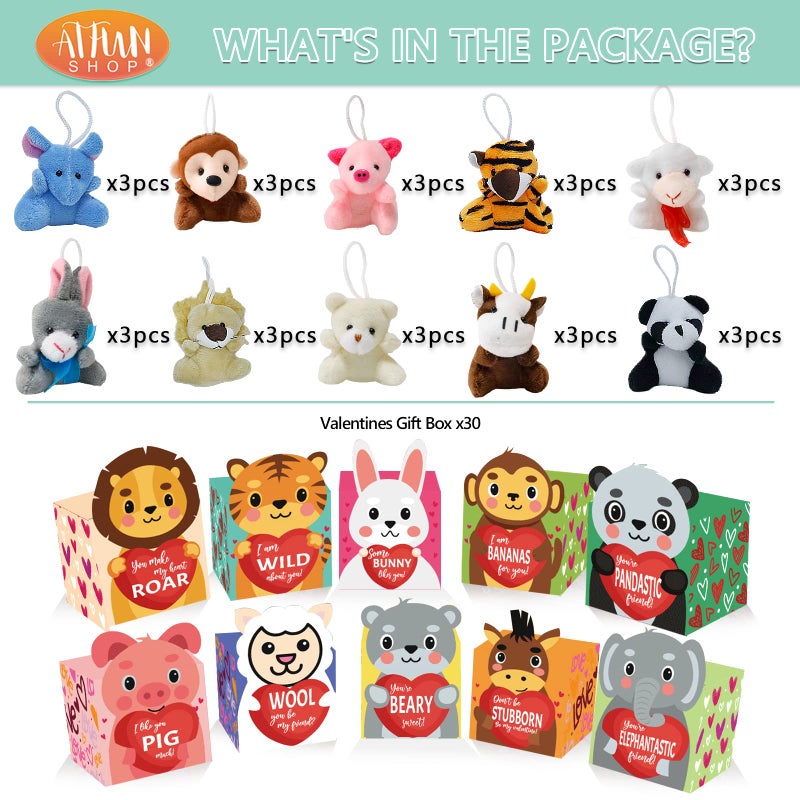 ATFUNSHOP Valentines Day Gifts for Kids 30 Pack with Animal Plush Toys Gift Card in Bulk Exchange for Girls Boys Class Classroom - Image 3