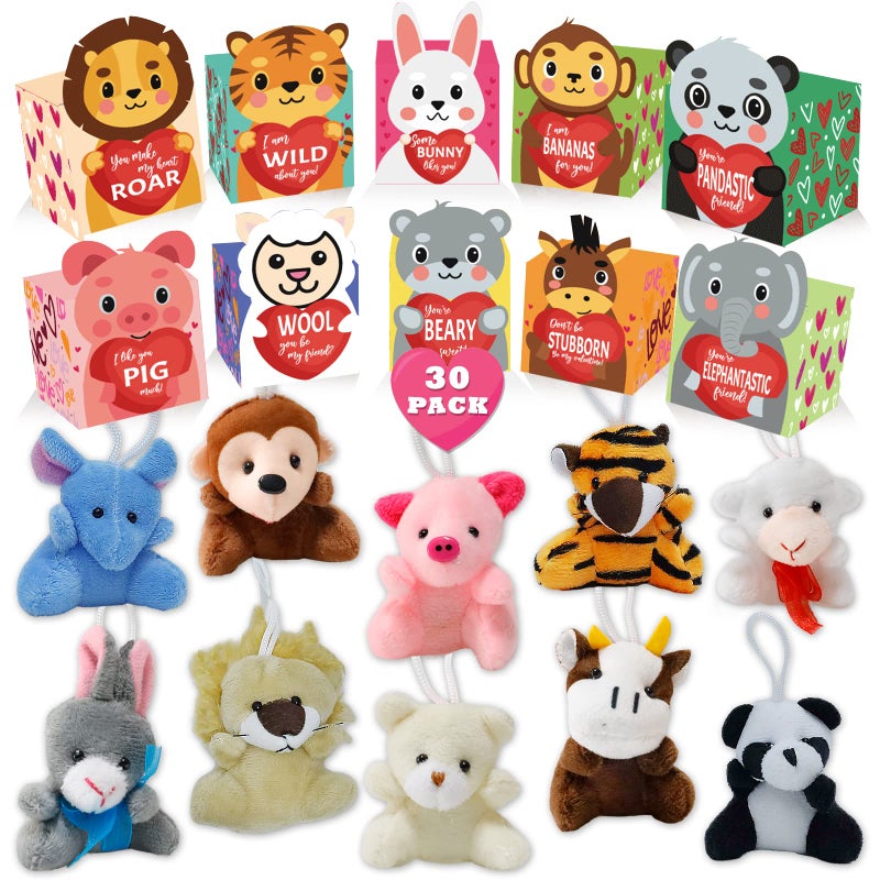 ATFUNSHOP Valentines Day Gifts for Kids 30 Pack with Animal Plush Toys Gift Card in Bulk Exchange for Girls Boys Class Classroom - Image 1