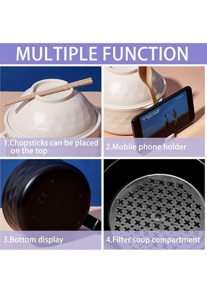 كاست ويف وعاء رامين، مجموعتان من وعاء طباخ رامين بالميكروويف، طباخ رامين نودل مع ملعقة وشوكة عيدان تناول الطعام، أساسيات شقة غرفة النوم الجامعية للفتيات والفتيان (أسود، بيج) - Image 5