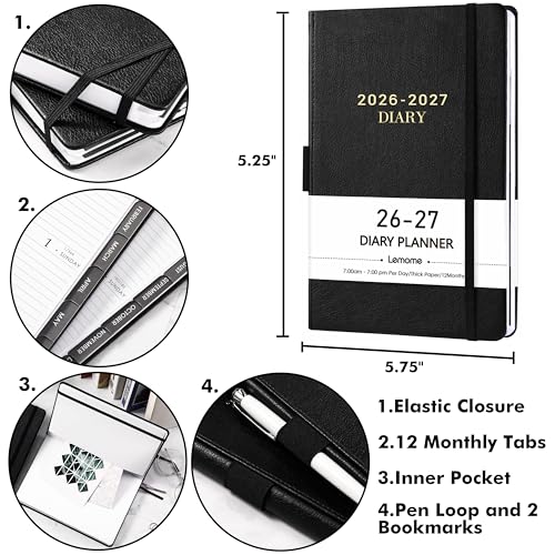 Lemome Daily Planner 2026-2027 - Diary 2026-2027, Appointment Book with Tabs, Pen Loop, Bookmarks, Inner Pocket, July 2026 to June 2027, 5.75" x 8.25" - Image 2
