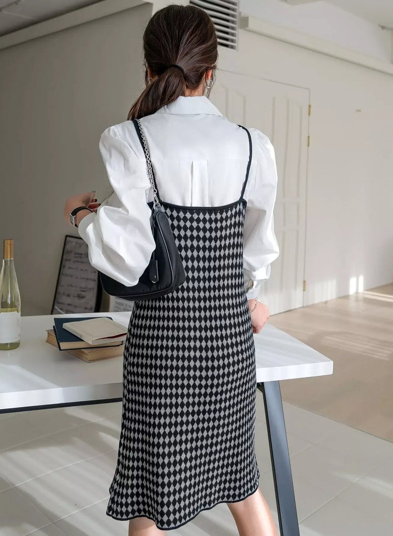 Argyle Pattern Split Hem Cami Sweater Dress Without Blouse - Image 2