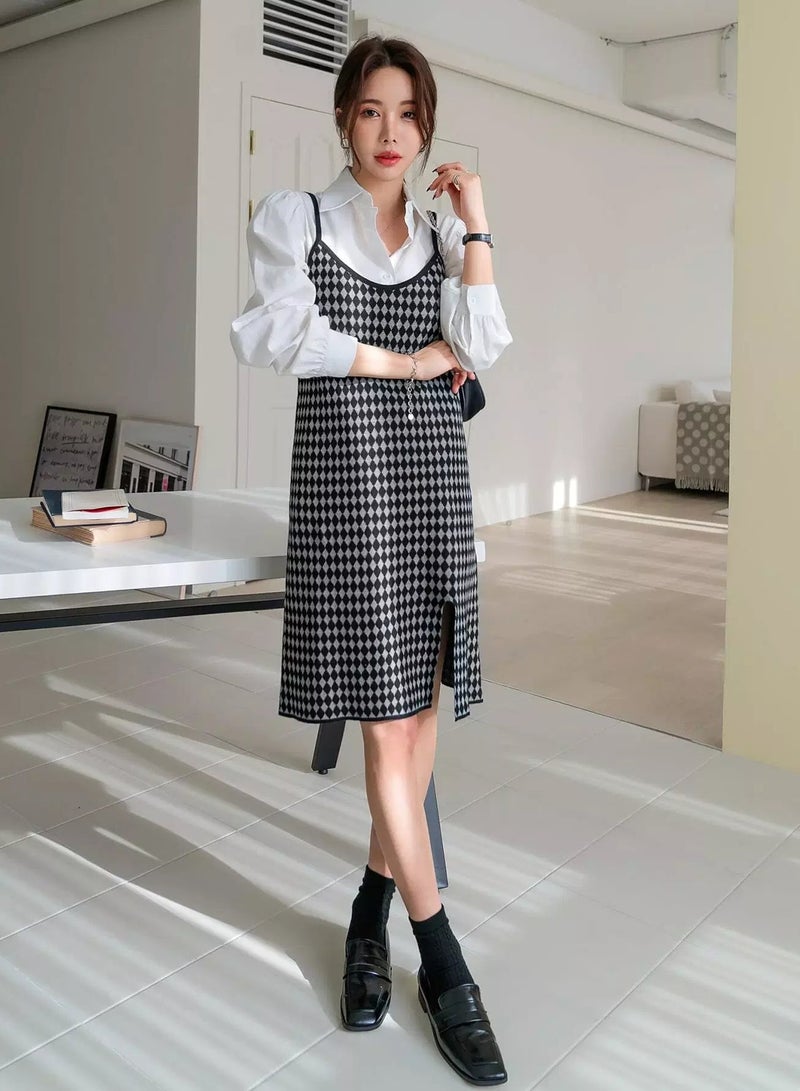 Argyle Pattern Split Hem Cami Sweater Dress Without Blouse - Image 3
