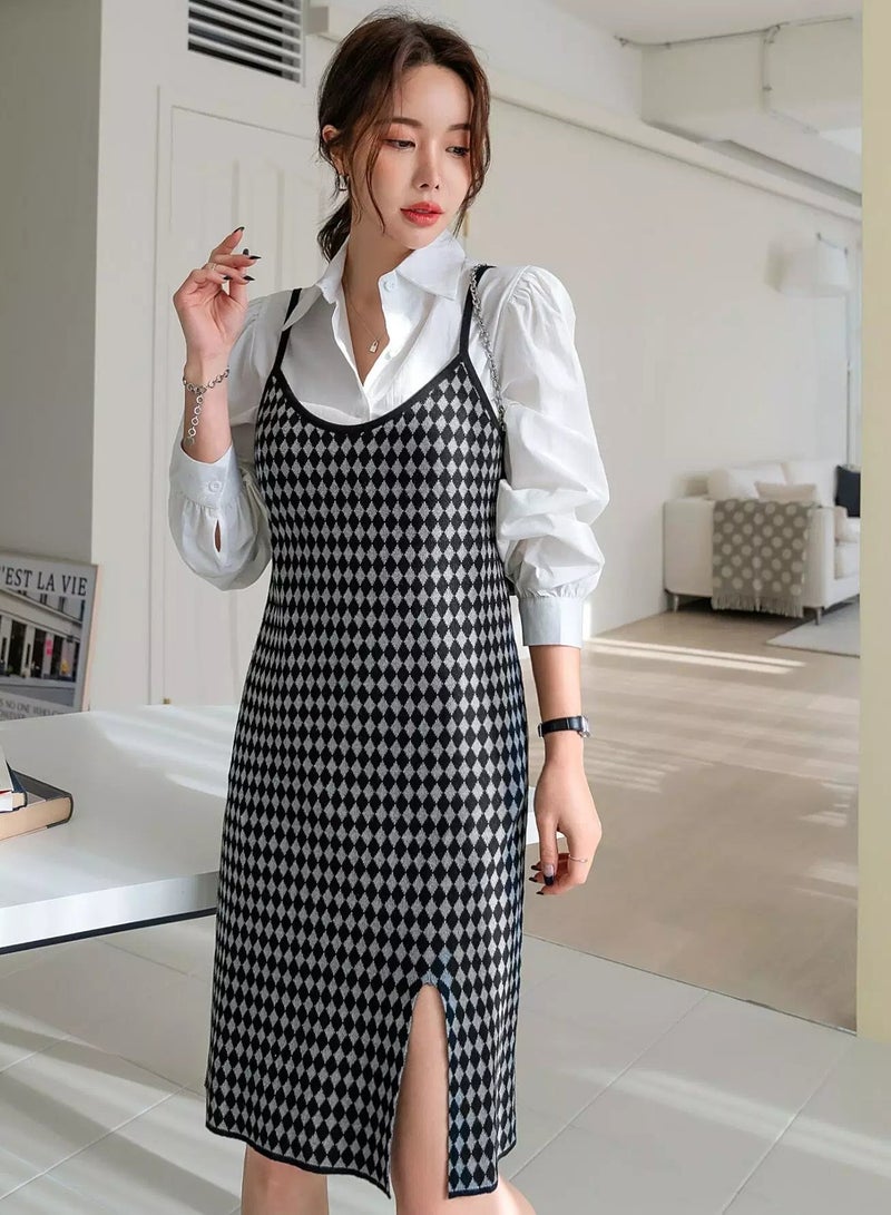 Argyle Pattern Split Hem Cami Sweater Dress Without Blouse - Image 4