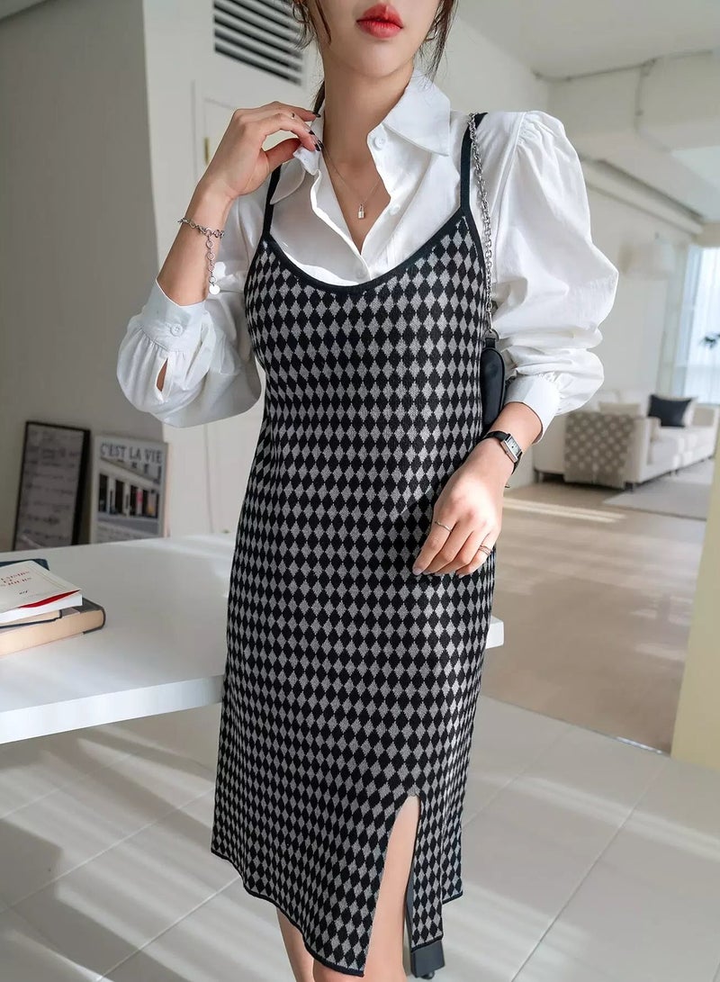 Argyle Pattern Split Hem Cami Sweater Dress Without Blouse - Image 5