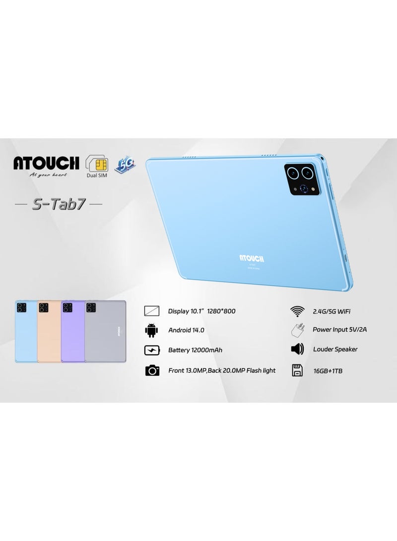 أتتش تابلت S-Tab7 بحجم 10.1 بوصة بنظام أندرويد 14 مع لوحة مفاتيح وفأرة 16 جيجابايت RAM 1 تيرابايت ROM شريحة مزدوجة 5G واي فاي بلوتوث تابلت ذكي IPS مع قلم وغطاء - أزرق - Image 3