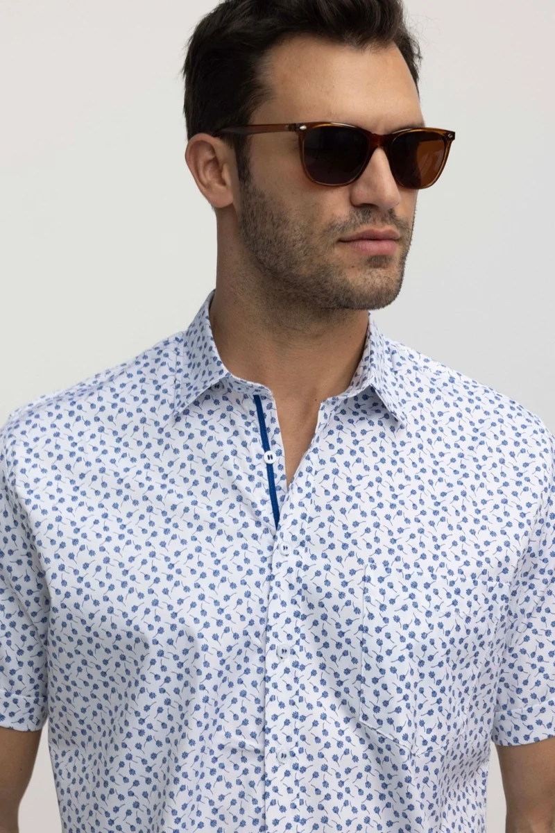 تودورس Men's Regular Fit Classic Cut Printed Lycra Collar Hidden Button White Shirt
