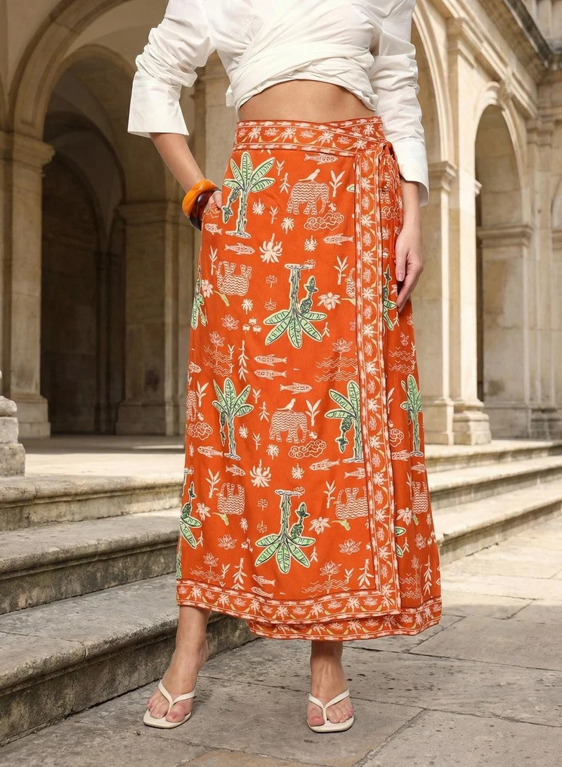 آي شين Rust 100% Cotton Printed Maxi A-Line Relaxed Skirt For Women