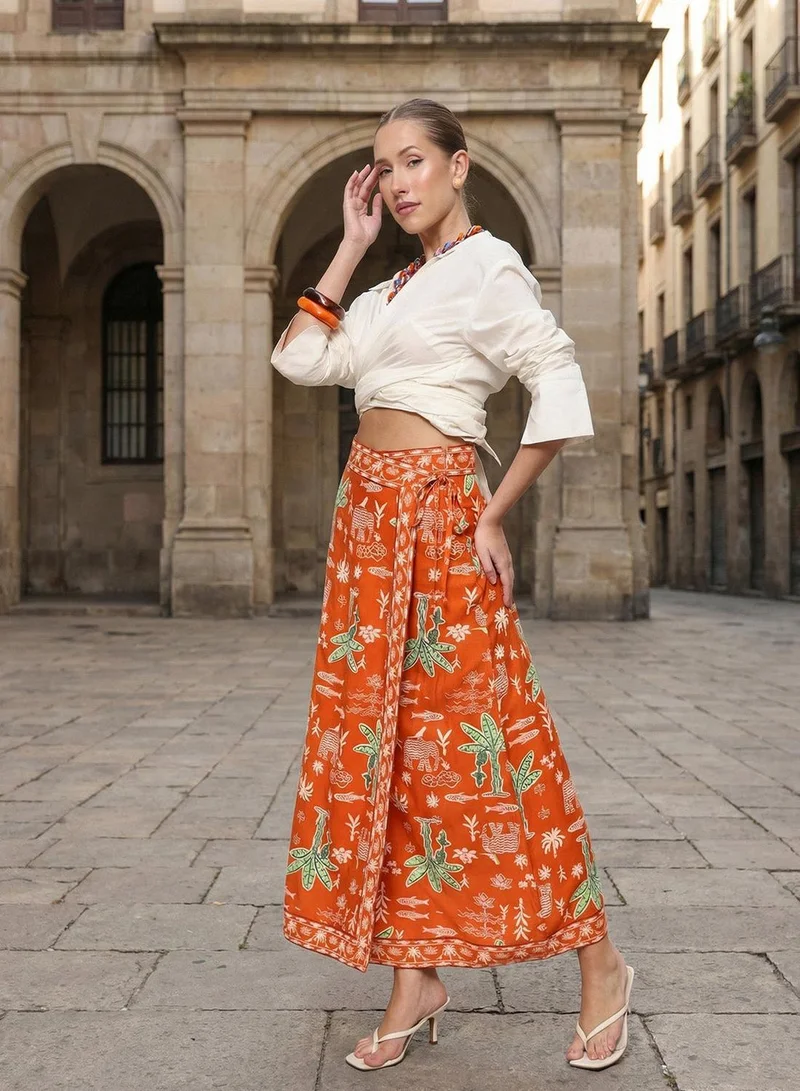 آي شين Rust 100% Cotton Printed Maxi A-Line Relaxed Skirt For Women