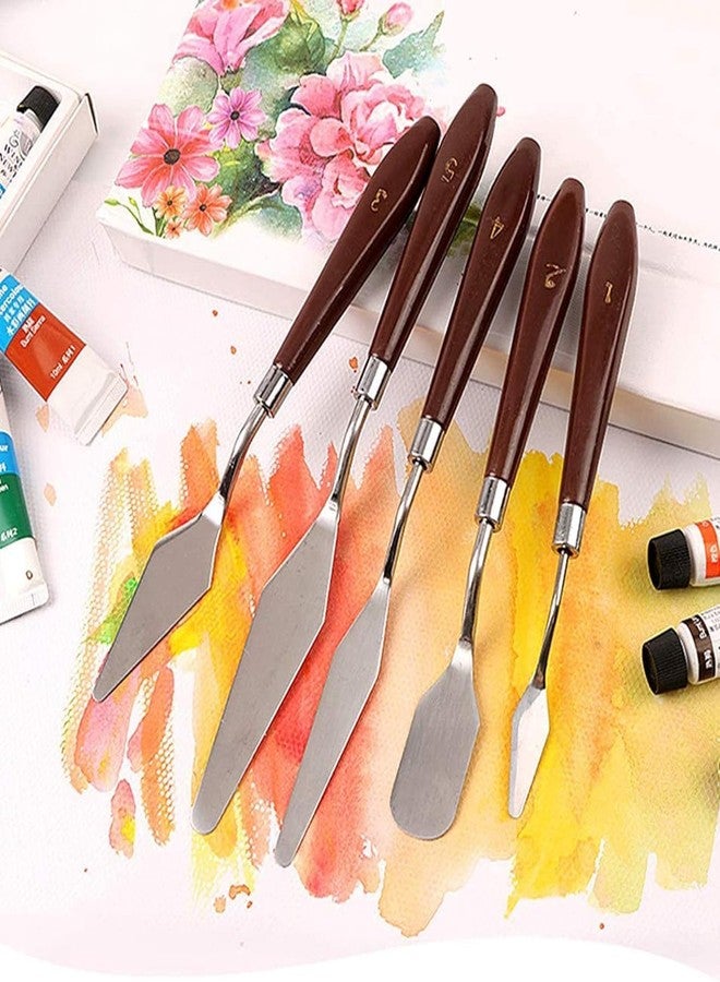 ECLET سكاكين الرسم من إيكليت باليت - مجموعة من 5 قطع بأحجام وأشكال متنوعة، مكشطة من الفولاذ المقاوم للصدأ بمقبض بني مصقول لخلط ألوان الرسم الزيتي على قماش الرسم (H) - Image 4