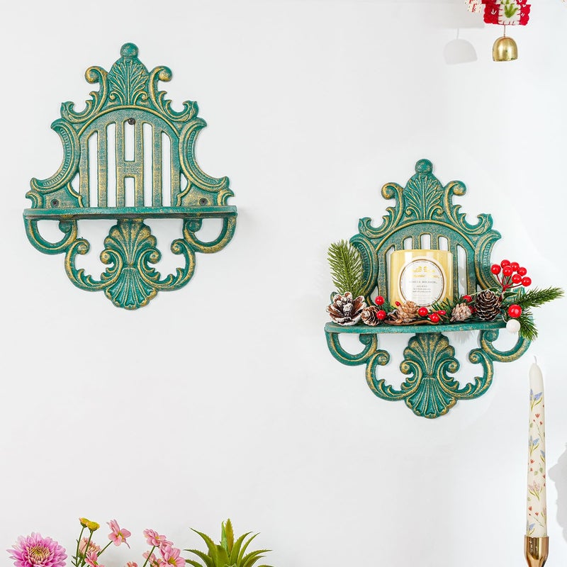 Sungmor 2PC Gothic Floating Shelves for Wall, Heavy-duty Cast Iron Wall Mounted Shelf, Small Old-fashioned Wall Display Ledges, Pretty Greenish-blue Wall Hanging Shelves for Indoor Outdoor Wall Decor - Image 2