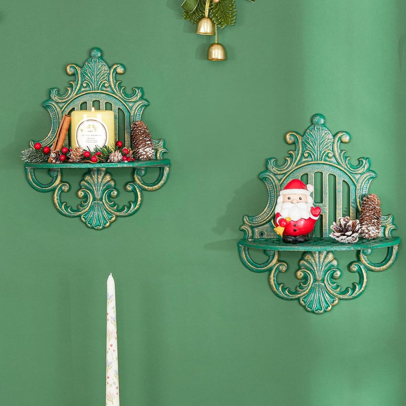 Sungmor 2PC Gothic Floating Shelves for Wall, Heavy-duty Cast Iron Wall Mounted Shelf, Small Old-fashioned Wall Display Ledges, Pretty Greenish-blue Wall Hanging Shelves for Indoor Outdoor Wall Decor - Image 3