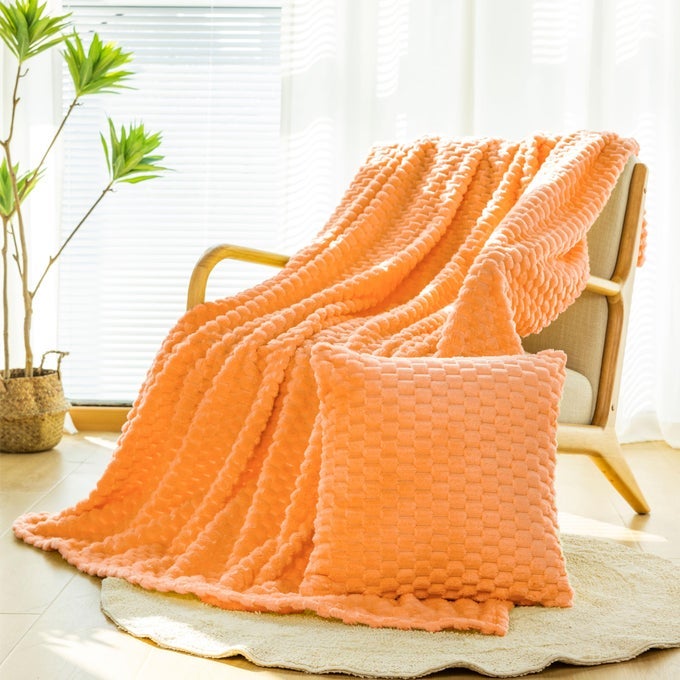 SOFT FLANNEL THROW BLANKET WITH PILLOW COVER18X18 INCHES 50X70 INCHES 3D JACQUARD FLUFFY LIGHTWEIGHT FLEECE THROW FOR COUCHSOFABED 300 GSM SUPER COZY WARM FOR ALL SEASONLIGHT ORANGE