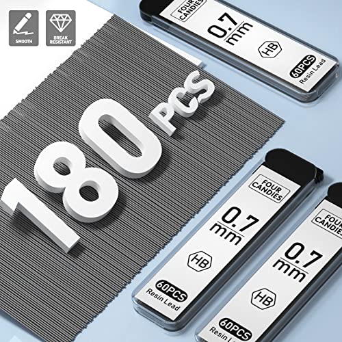 Four Candies Cute Mechanical Pencil Set with Case - 3PCS Pencils 0.7mm with 180PCS HB Lead Refills, 3PCS Erasers, 9PCS Eraser Refills, White Clear Mechanical Pencil for Students Drawing, Writing - Image 3