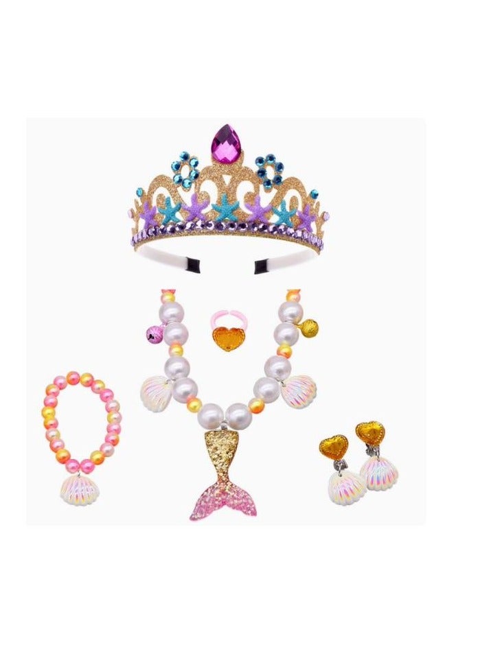 Children's Rainbow Mermaid Shell Earrings, Bracelet, Crown Crown Headwear Set, Ear Clip, Party Dress Up - Image 1