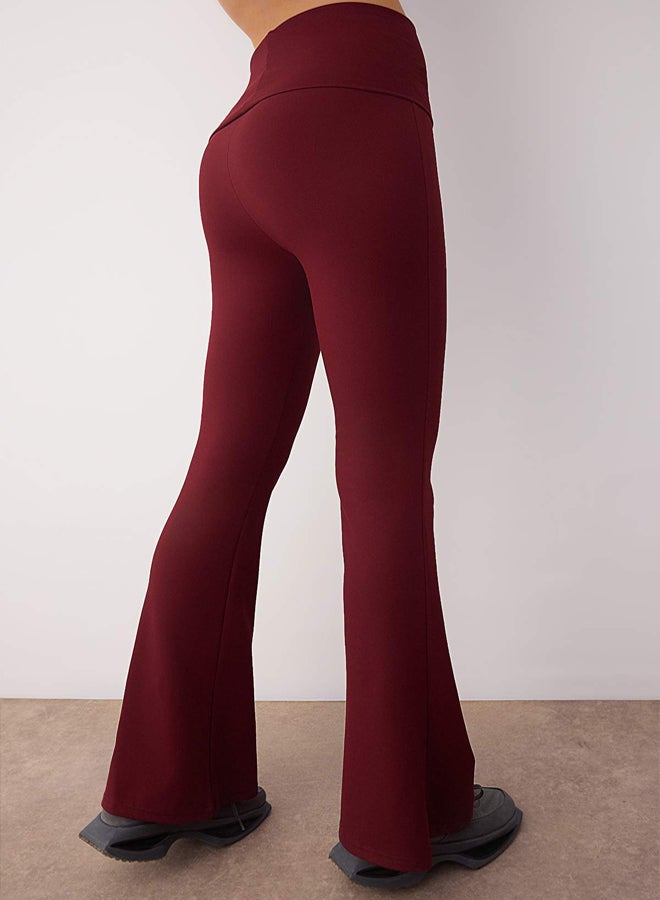 trendyol Burgundy Brushed Soft Fabric Waist Fold Detail Flare/Spanish Leg Yoga Knitted Sports Leggings - Image 4