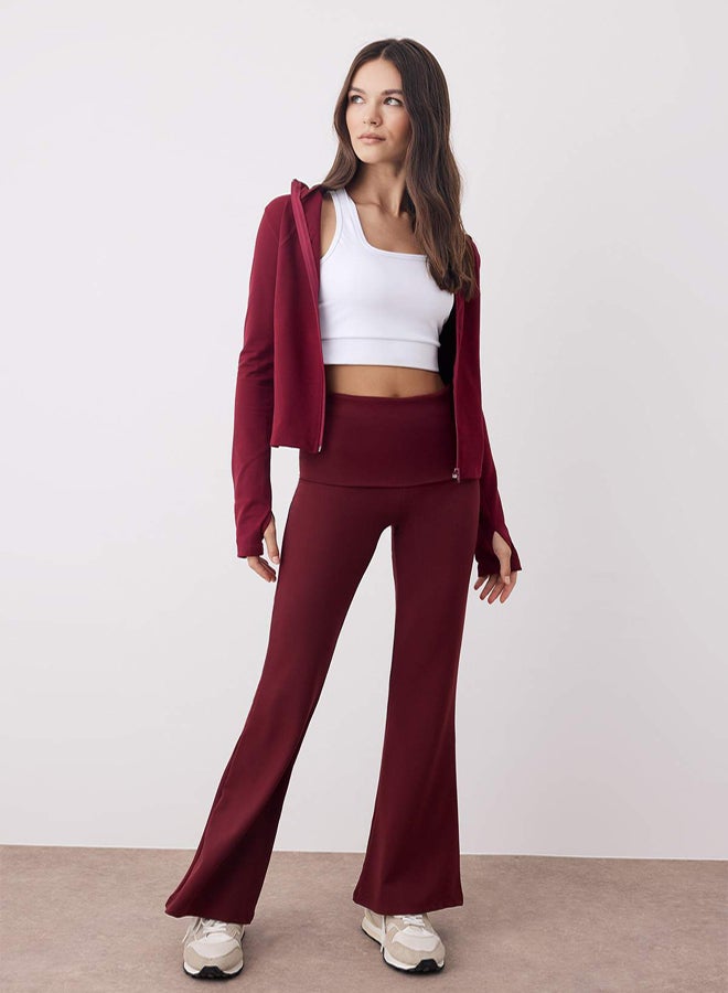 trendyol Burgundy Brushed Soft Fabric Waist Fold Detail Flare/Spanish Leg Yoga Knitted Sports Leggings - Image 1