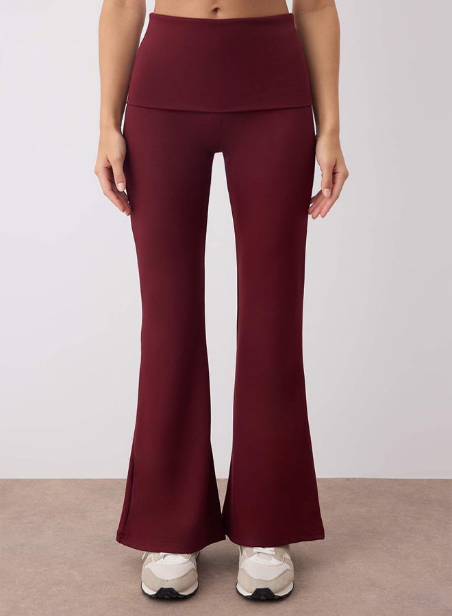 trendyol Burgundy Brushed Soft Fabric Waist Fold Detail Flare/Spanish Leg Yoga Knitted Sports Leggings - Image 3