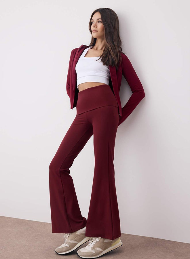 trendyol Burgundy Brushed Soft Fabric Waist Fold Detail Flare/Spanish Leg Yoga Knitted Sports Leggings - Image 2