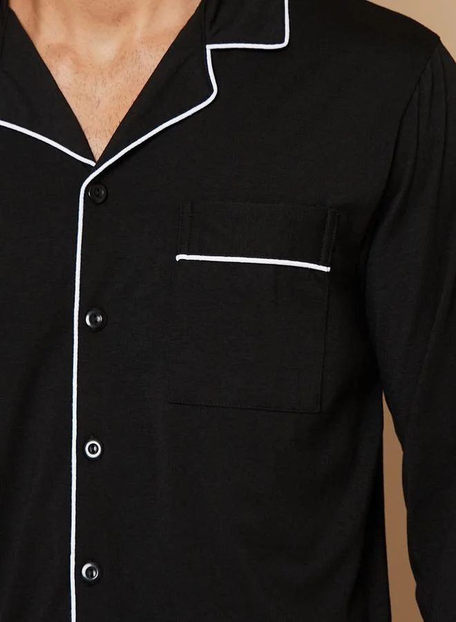 Styli Piping Detail Long Sleeves Shirt and Pyjama Nightwear Set