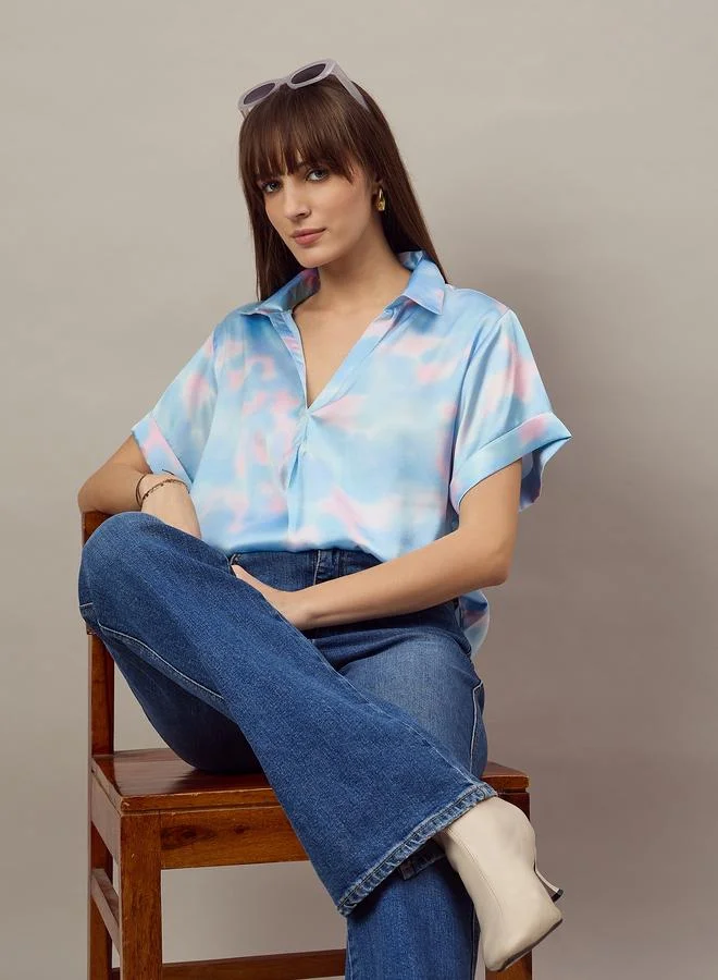 Kuwarii Blue Tie-Dye Print Relaxed Fit Top