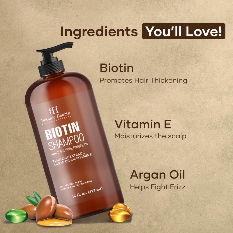 Botanic Hearth Biotin Shampoo with 100% Pure Ginger Oil | Sulfate & Paraben | Free | Enriched with Turmeric Extract, Argan Oil & Vitamin E | for All Hair Types | 16 Fl. Oz - Image 3