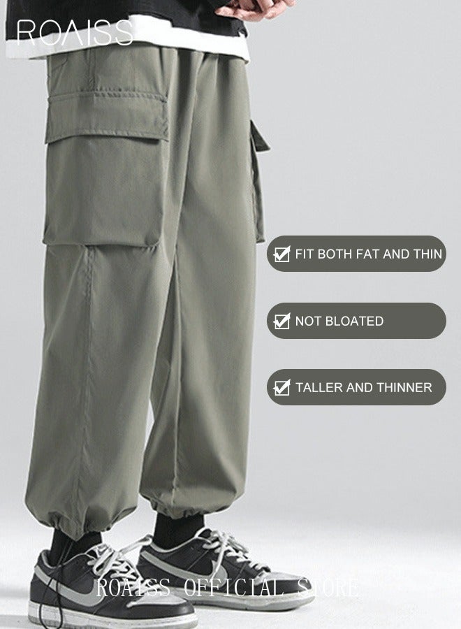 roaiss Men's Ankles-tied Loose Straight Cargo Pant Multi-Pocket Polyester Cargo Pants Wide Leg Pants  - Image 2