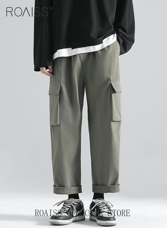 roaiss Men's Ankles-tied Loose Straight Cargo Pant Multi-Pocket Polyester Cargo Pants Wide Leg Pants  - Image 1