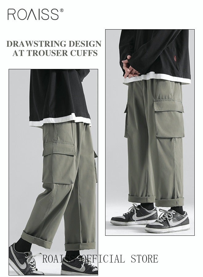 roaiss Men's Ankles-tied Loose Straight Cargo Pant Multi-Pocket Polyester Cargo Pants Wide Leg Pants  - Image 3