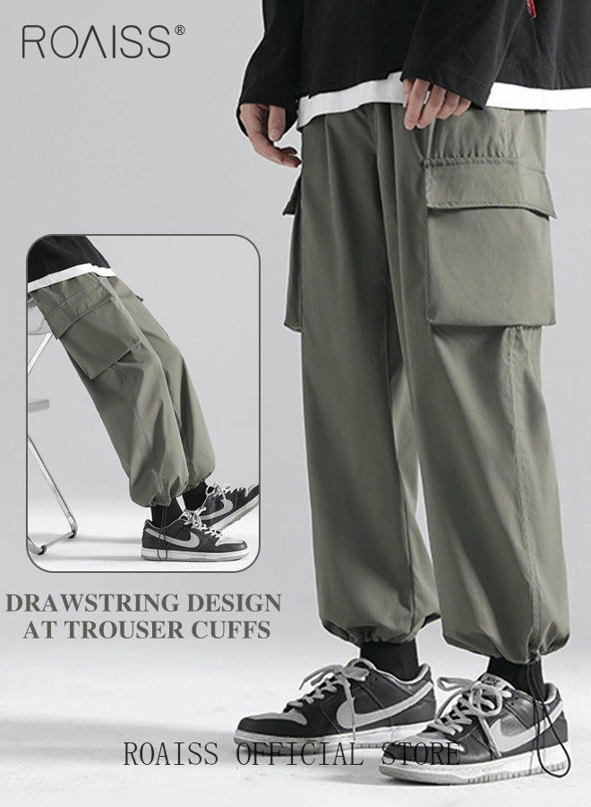 roaiss Men's Ankles-tied Loose Straight Cargo Pant Multi-Pocket Polyester Cargo Pants Wide Leg Pants  - Image 4