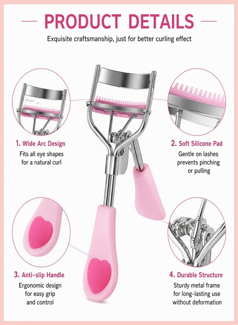 JMEILI 6Pcs Eyelash Curlers Set, Lash Curler with Built-in Comb and 4 Silicone Refills, Portable Eye Curler with Eyebrow Brush for Women Daily Makeup, Pink - Image 3