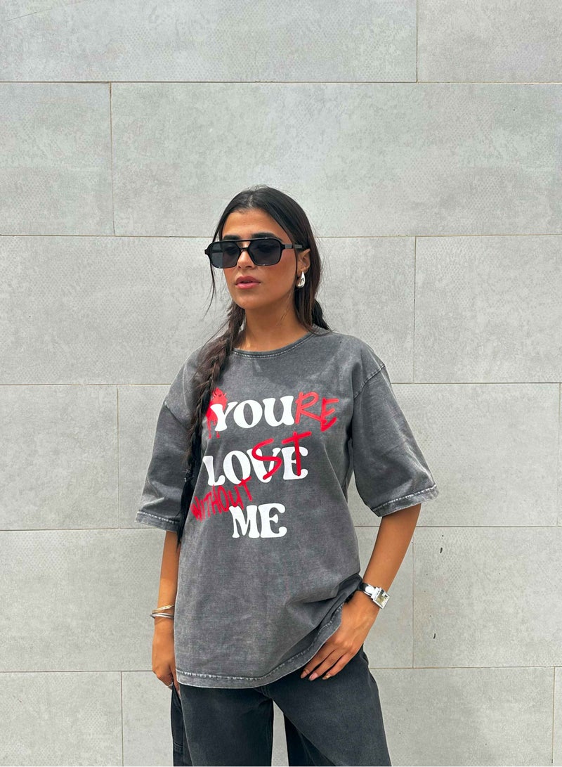 CIZARO Graphic Print Washed Gery Oversized Tee. - Image 1
