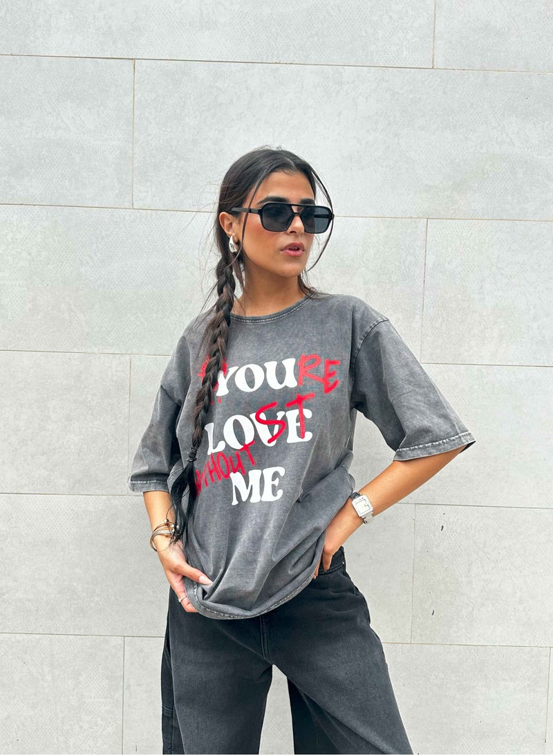 CIZARO Graphic Print Washed Gery Oversized Tee. - Image 2