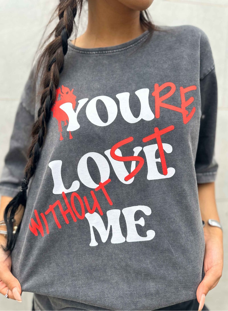 CIZARO Graphic Print Washed Gery Oversized Tee. - Image 4