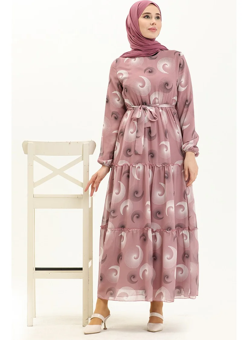 Sefa Merve Patterned Belted Chiffon Dress 81835-01 Dusty Rose