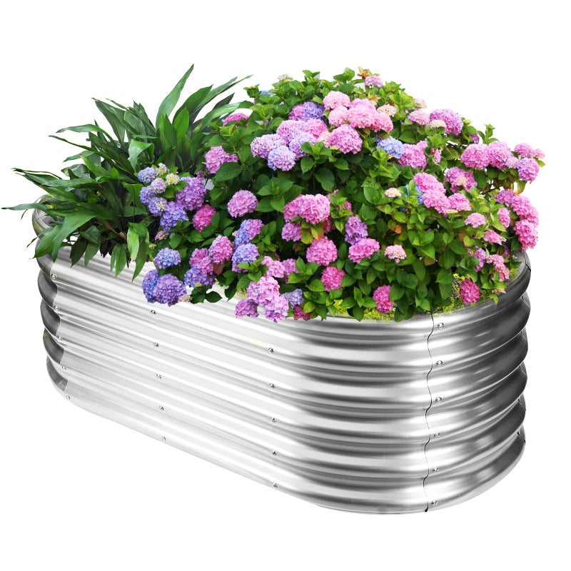 YSEJOMP 17" Tall Outdoor Garden Raised Garden Bed Kits, 4ft X 2ft Oval,0.8MM Thick Metal Raised Planter Bed/Ground Planter Box for Variety of Flowers,Herbs,Vegetables (Silver, 48X24X16.5 Inches) - Image 1
